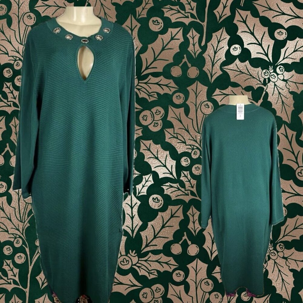 Torrid Plus 6 Green Textured Keyhole Gromet Neck Long Sleeve Below Knee Dress